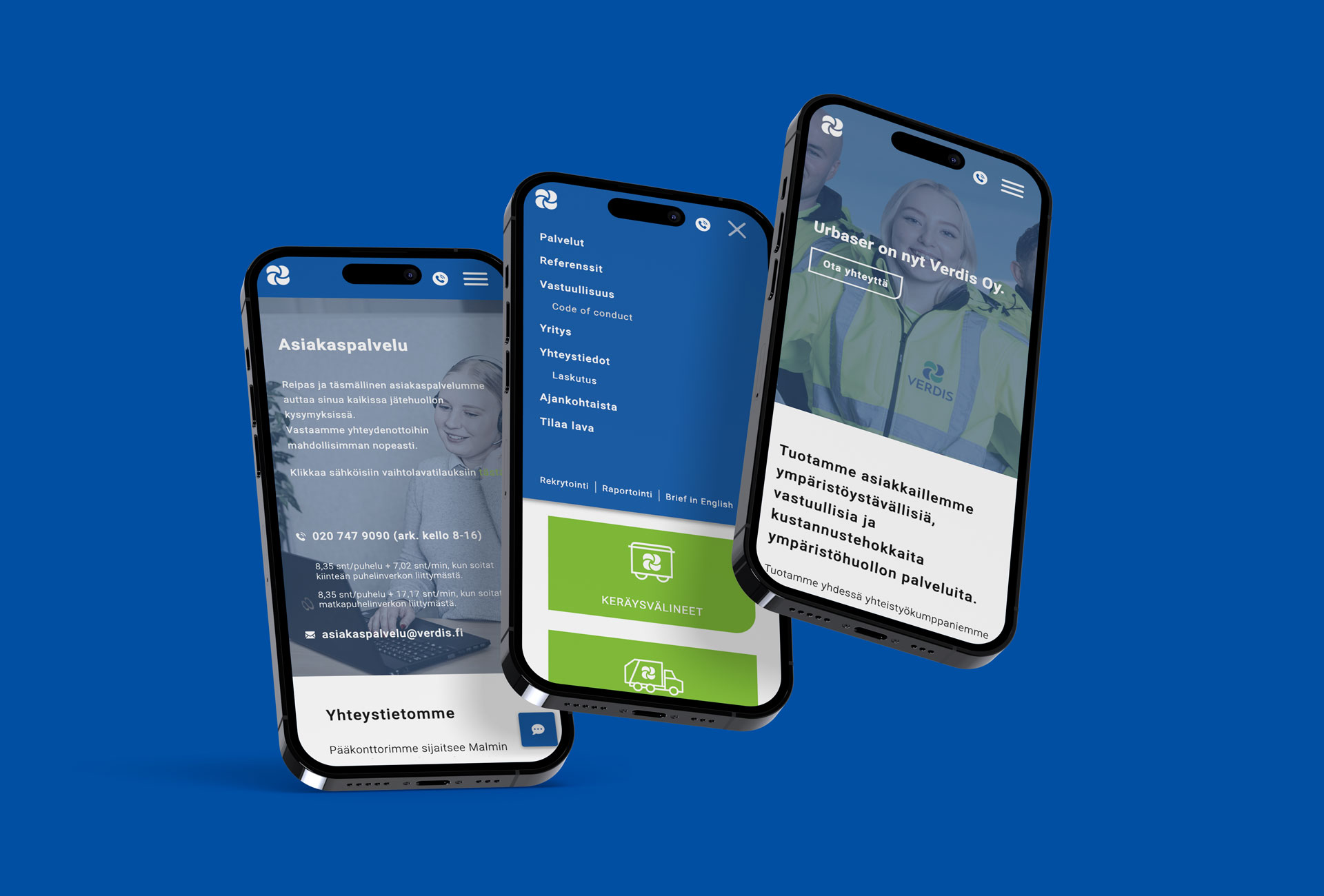 Verdiksen verkkosivusto esitettynä kolmessa kännykässä