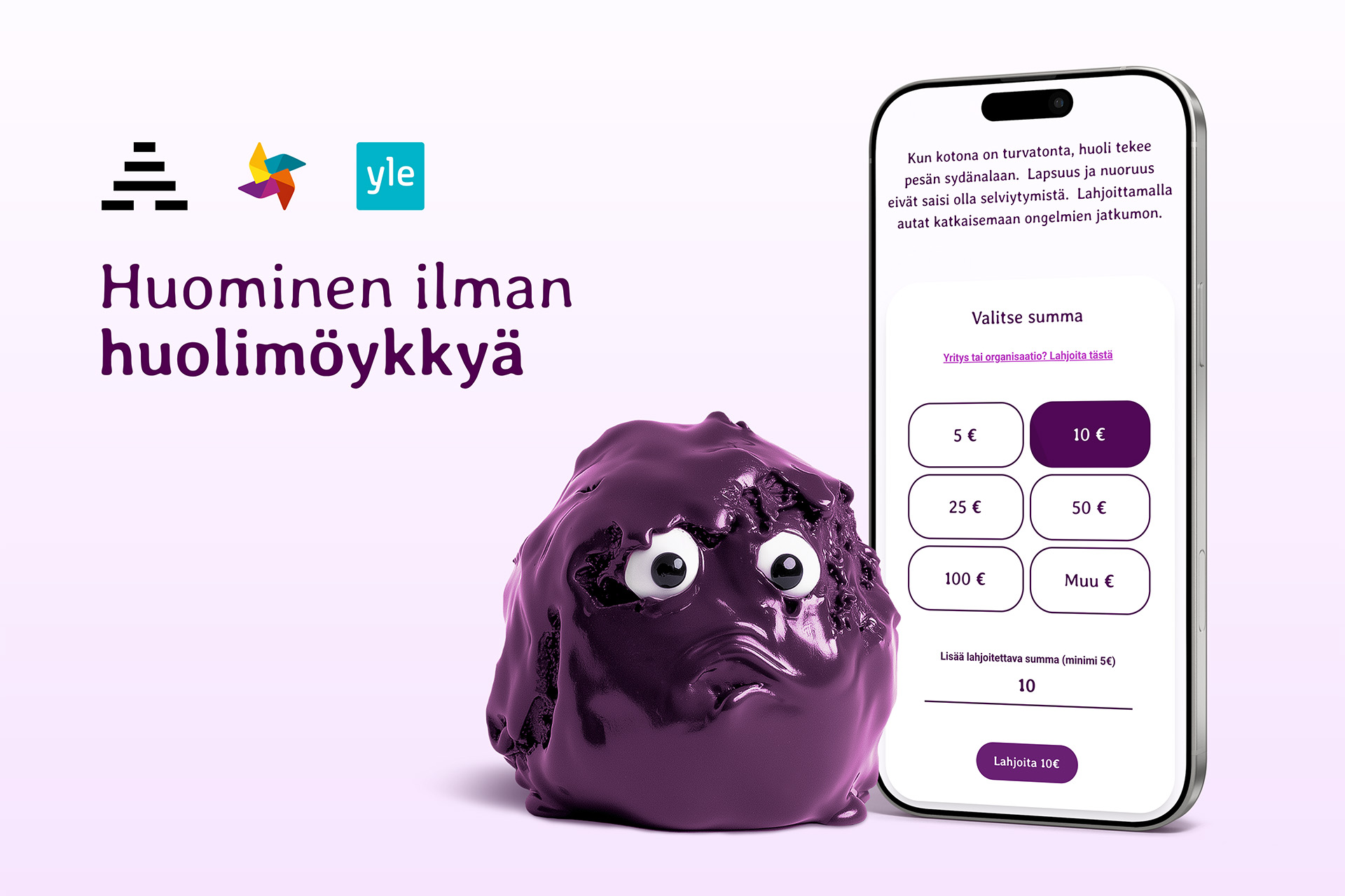 Kuvassa Huominen ilman huolimöykkä -kampanjan nimi, maskotti ja näkymä uudesta verkkosivustosta.