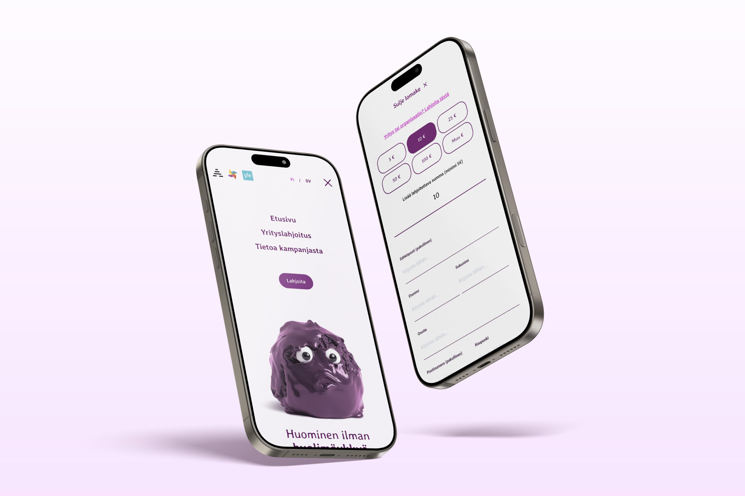 Kuvassa Huominen ilman huolimöykkyä -kampanjasivuston näkymä kahdella kännykällä.