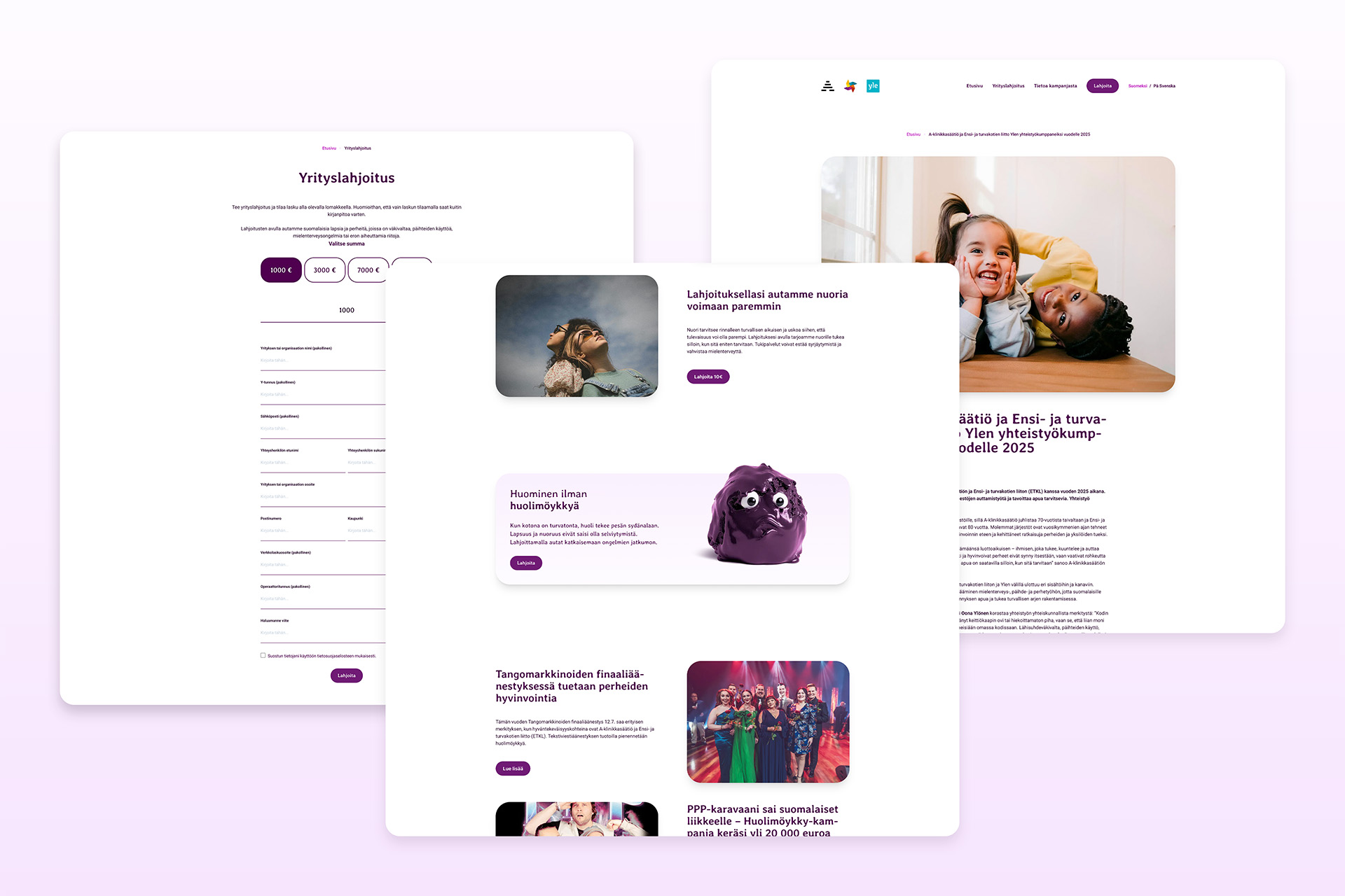 Kuvassa Huominen ilman huolimöykkyä -kampanjasivuston näkymiä kolme kappaletta.