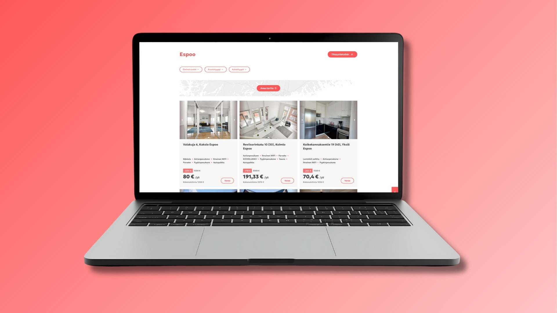 Kuvassa Kotimaailman uuden sivuston listausnäkymä kannettavalla tietokoneella.