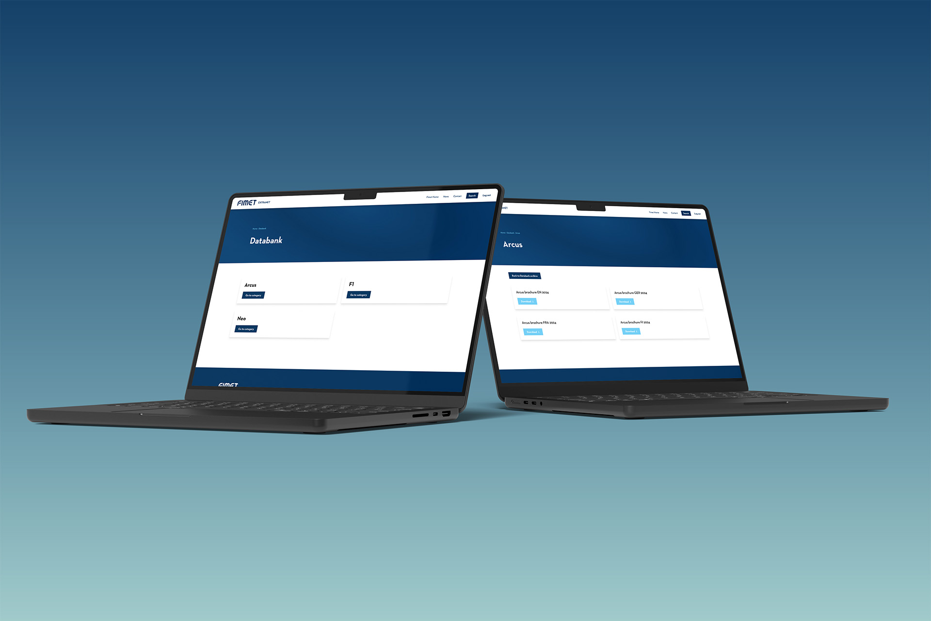 Kuvassa kaksi kannettavaa tietokonetta, jossa esitetään Fimetin uutta extranetia.