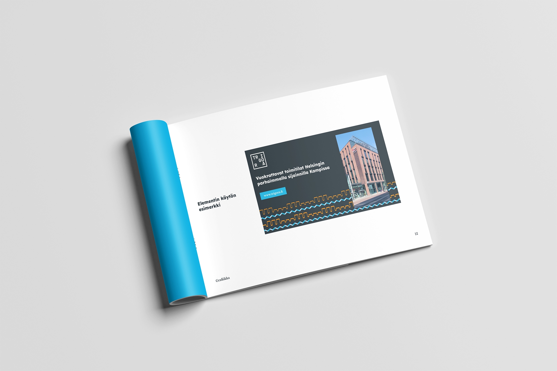 Kuvassa Trigoran uusi graafinen ohjeisto, josta graafinen elementti -sivu auki